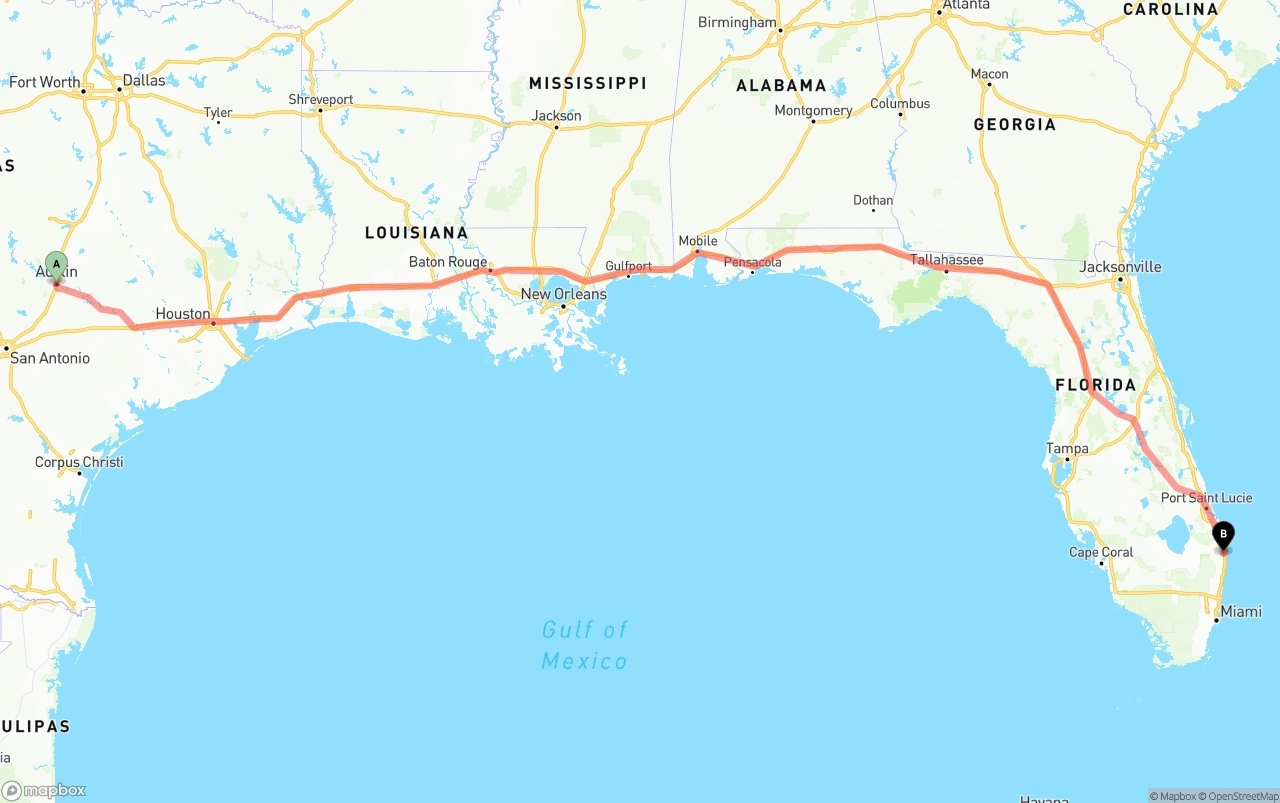 Shipping route from Austin to Palm Beach International Airport