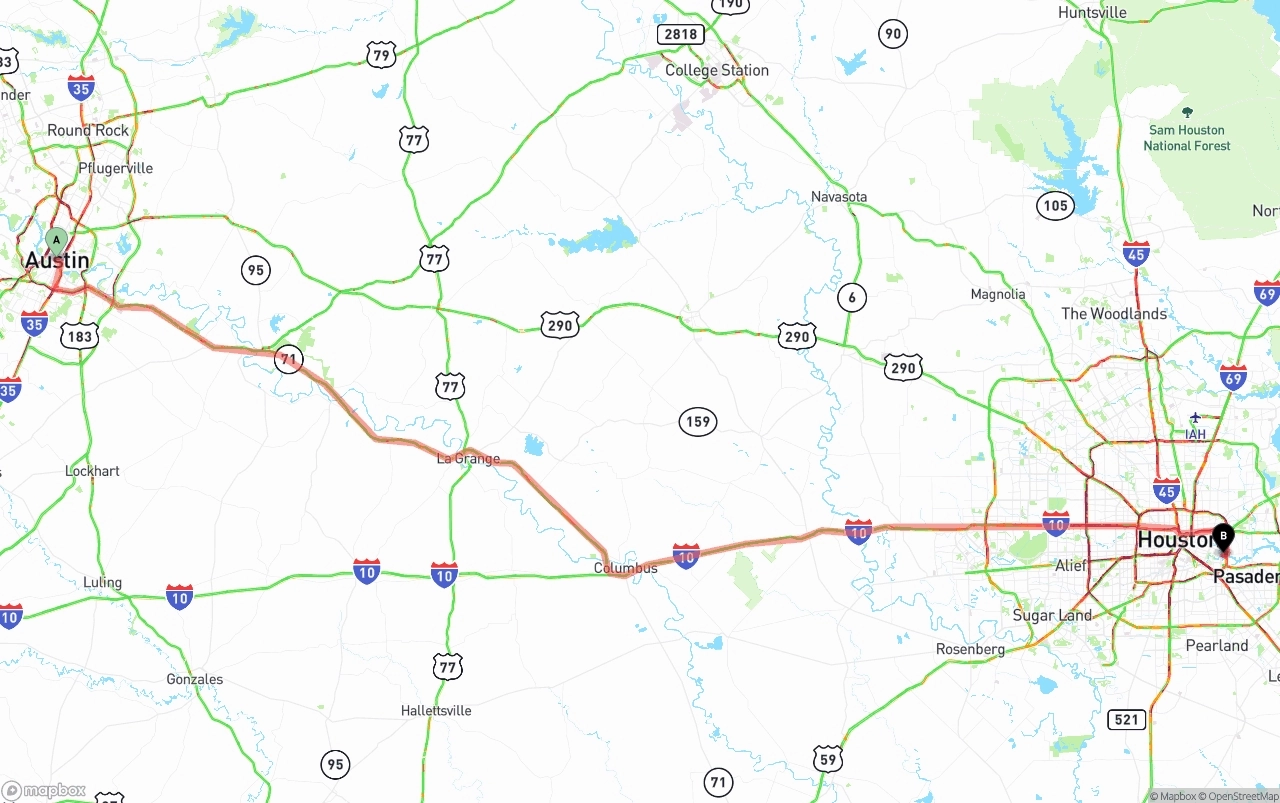 Shipping route from Austin to Port of Houston