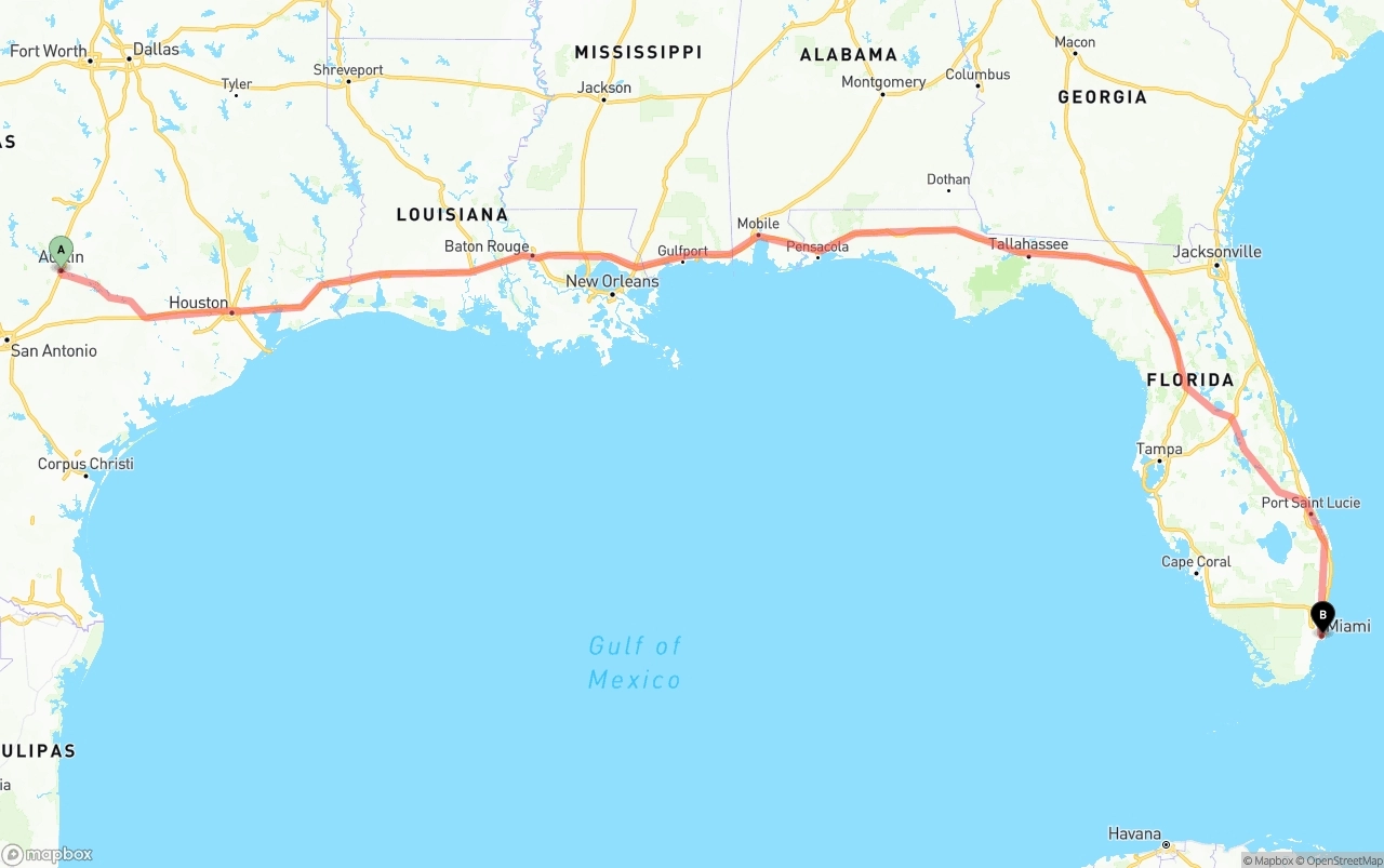 Shipping route from Austin to Port of Miami