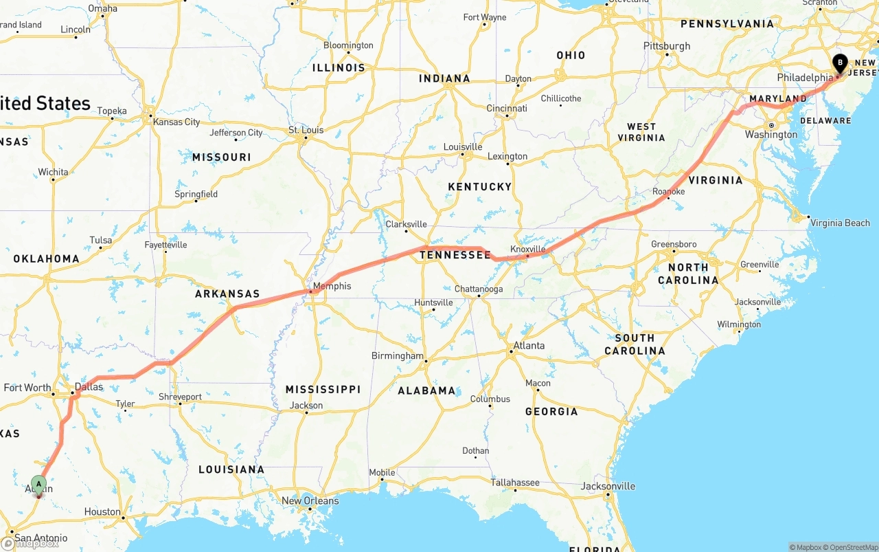 Shipping route from Austin to Port of Philadelphia