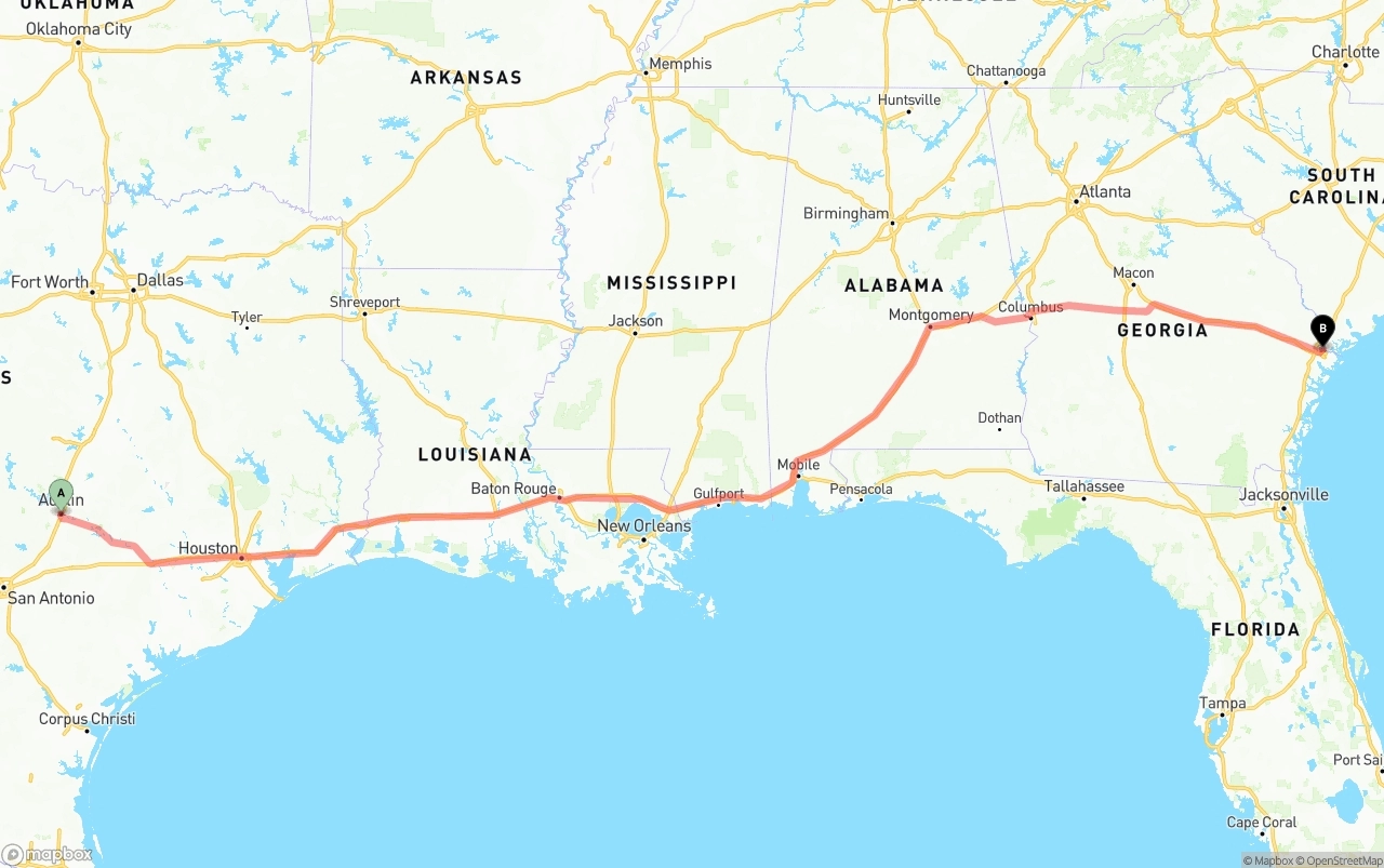 Shipping route from Austin to Port of Savannah