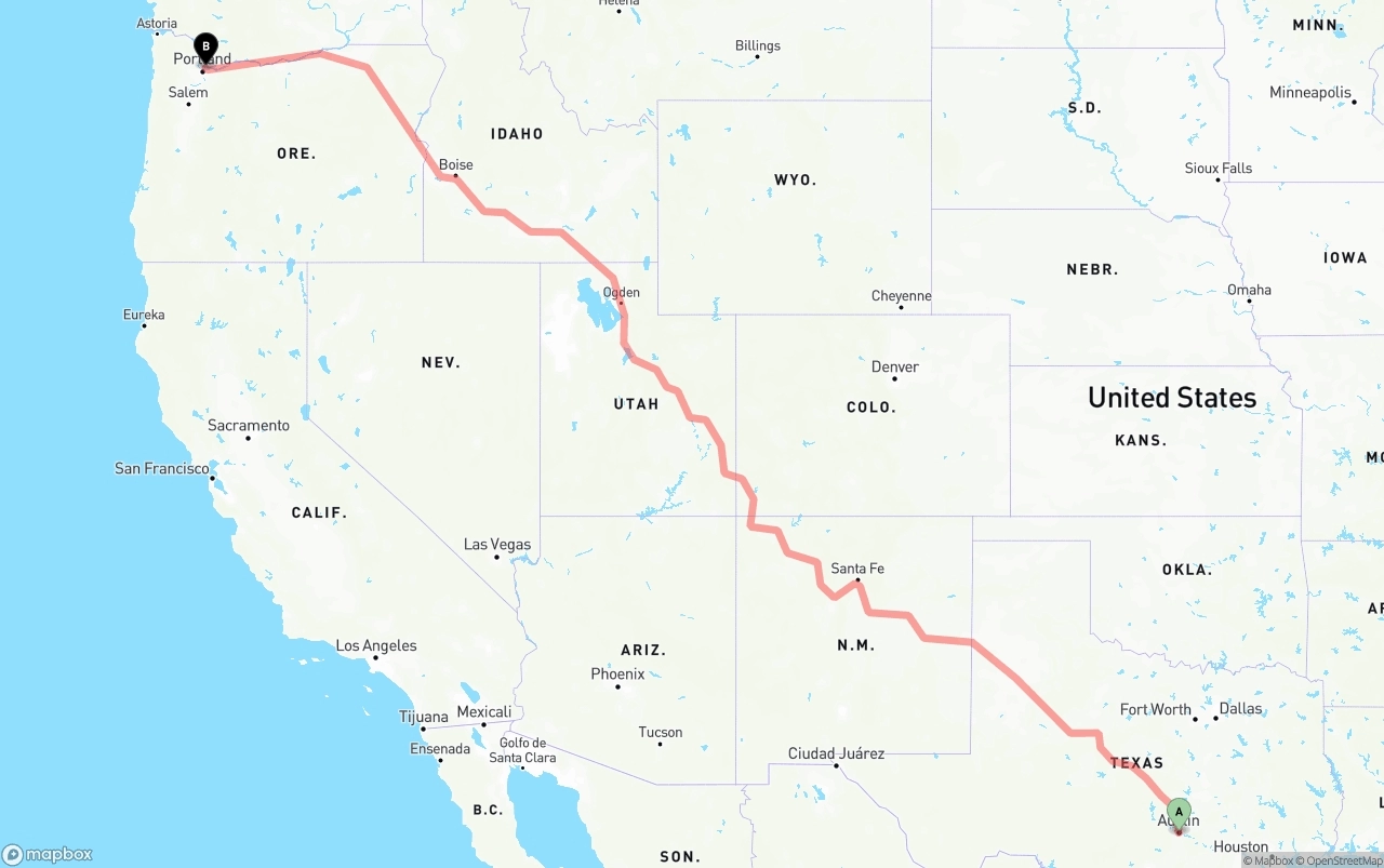 Shipping route from Austin to Portland International Airport