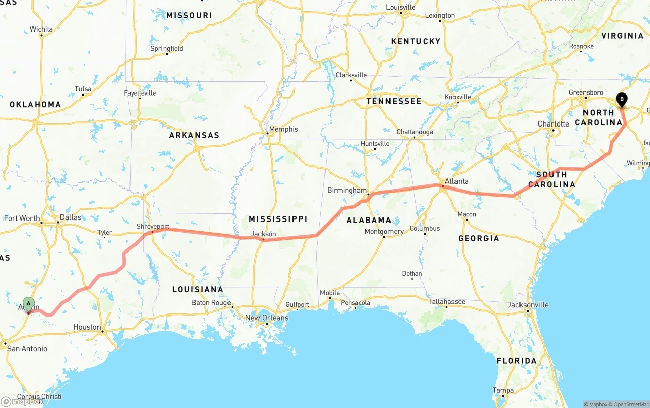 Shipping route from Austin to Raleigh