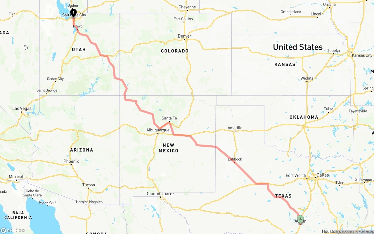 Shipping route from Austin to Salt Lake City