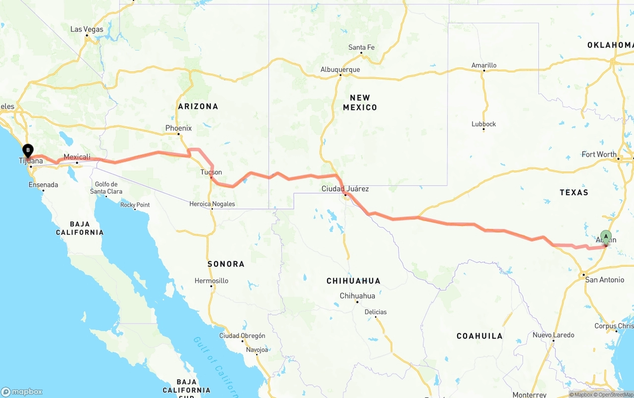 Shipping route from Austin to San Diego