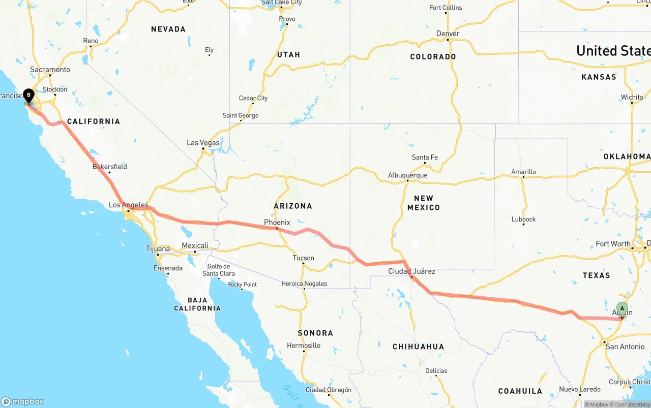Shipping route from Austin to San Francisco International Airport