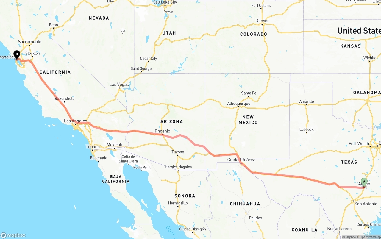 Shipping route from Austin to San Francisco
