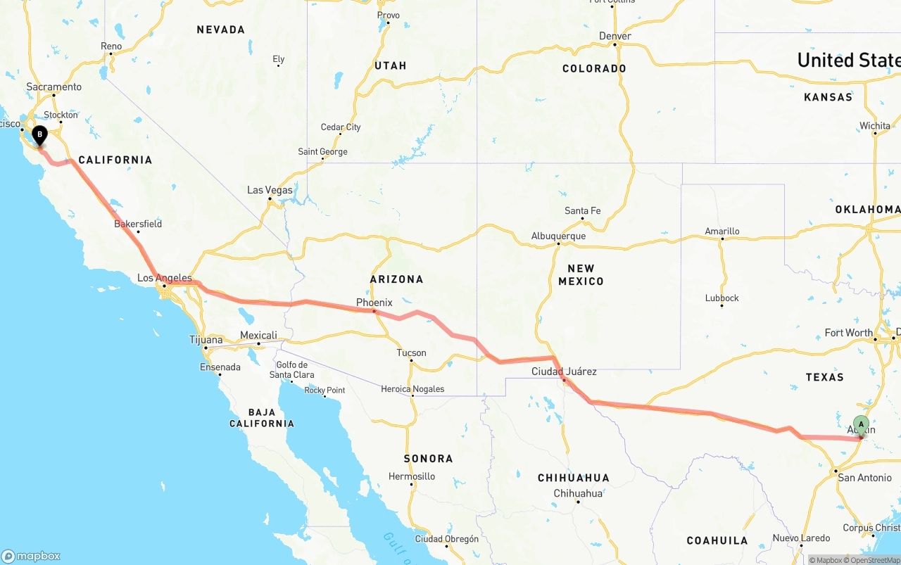 Shipping route from Austin to San Jose