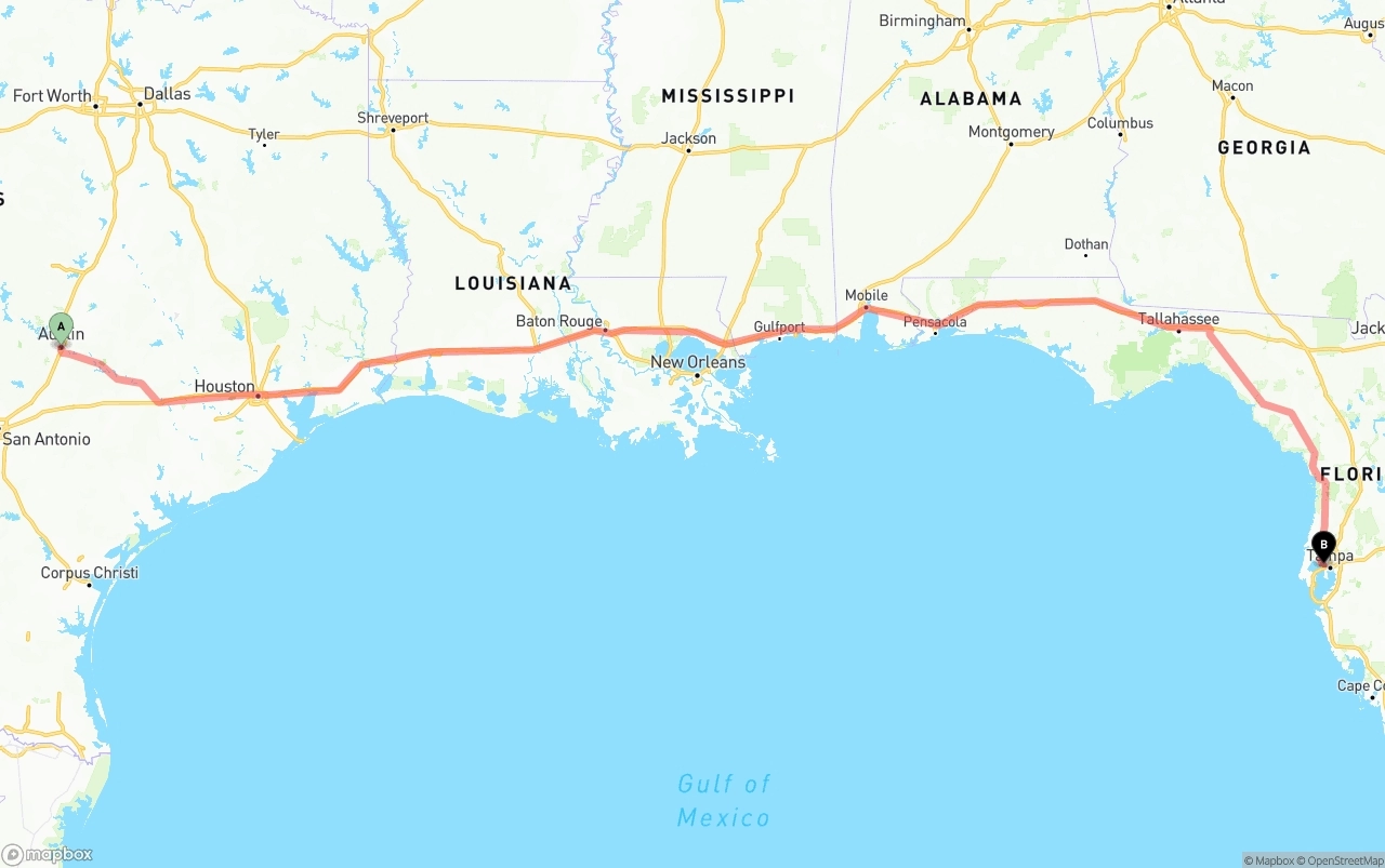 Shipping route from Austin to Tampa International Airport