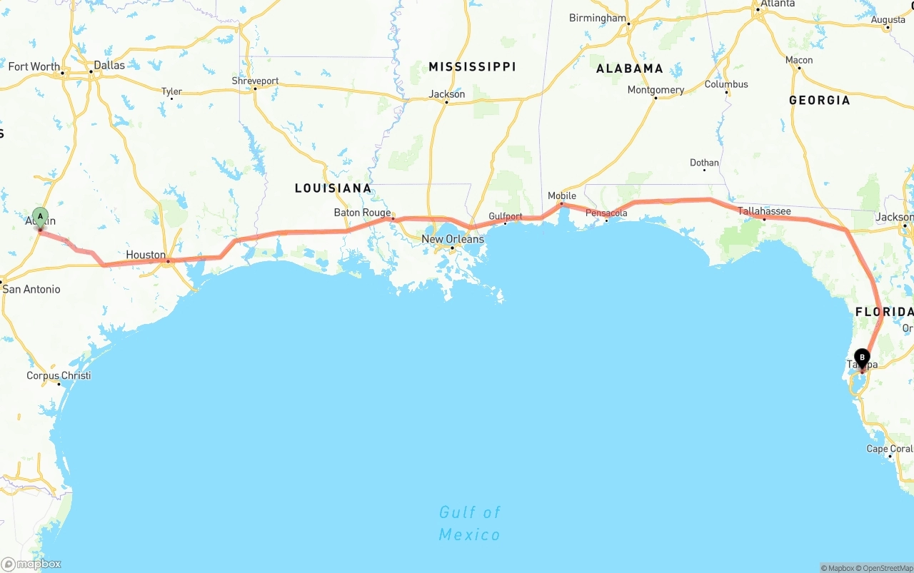 Shipping route from Austin to Tampa