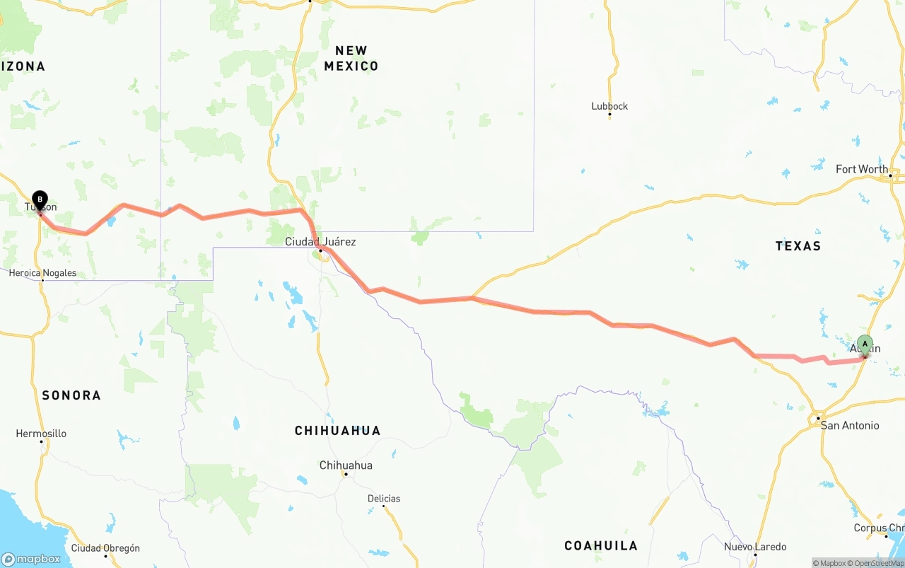 Shipping route from Austin to Tucson