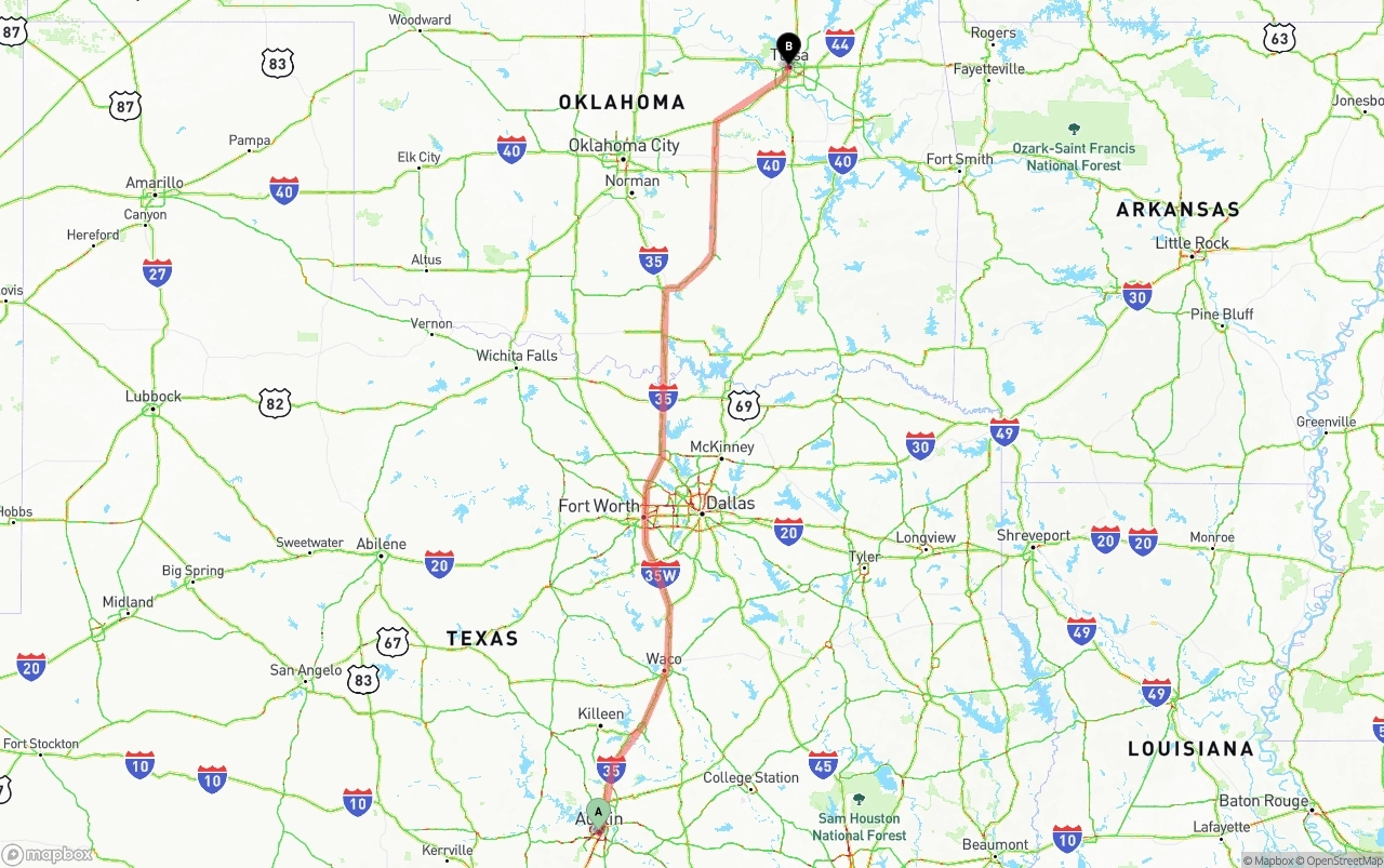 Shipping route from Austin to Tulsa