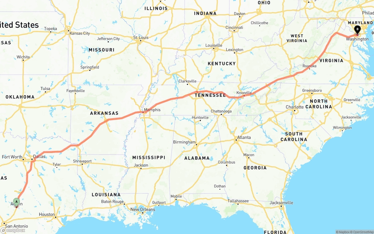 Shipping route from Austin to Washington D.C.