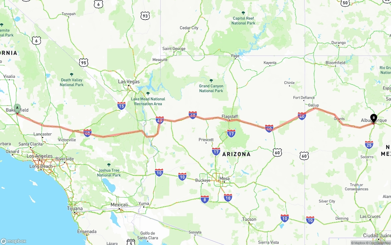Shipping route from Bakersfield to Albuquerque