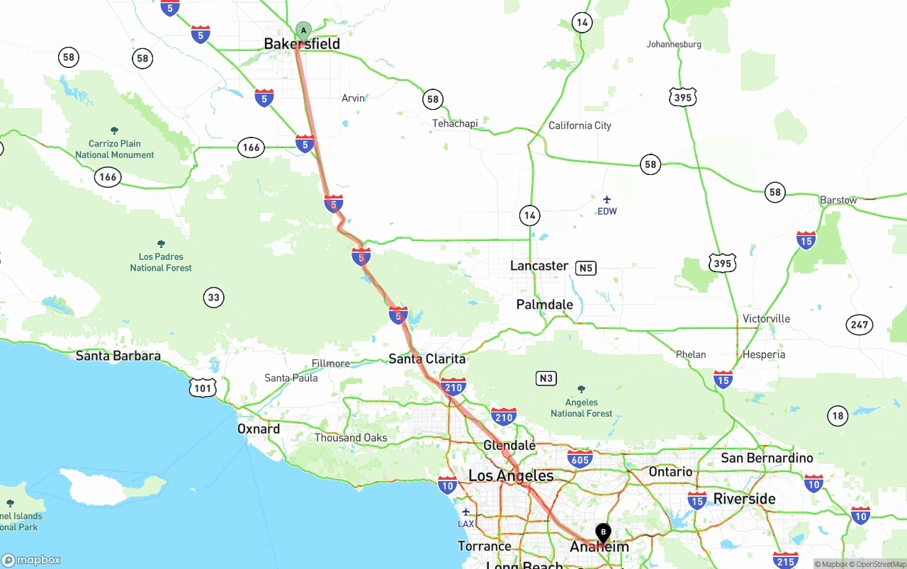 Shipping route from Bakersfield to Anaheim