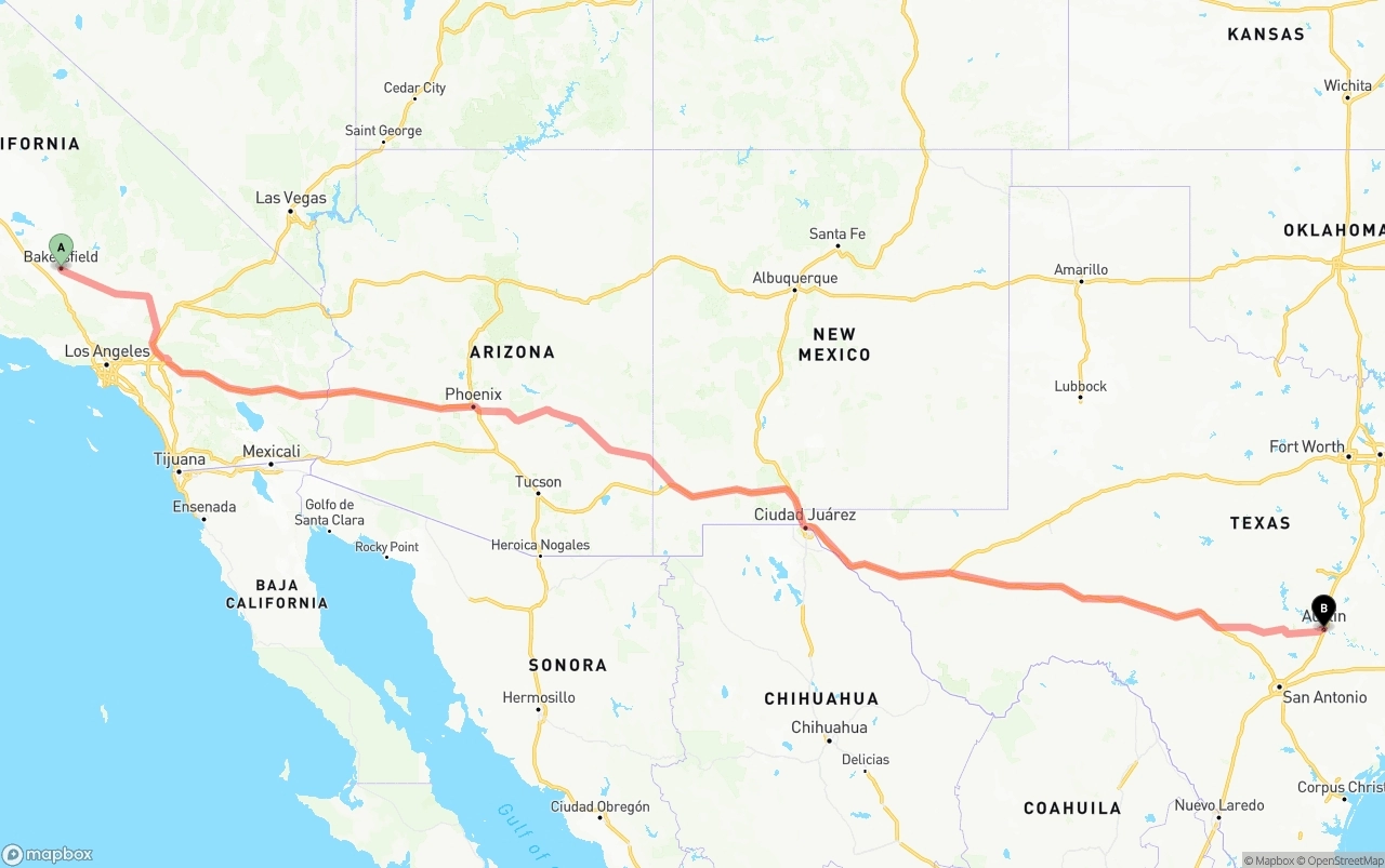 Shipping route from Bakersfield to Austin