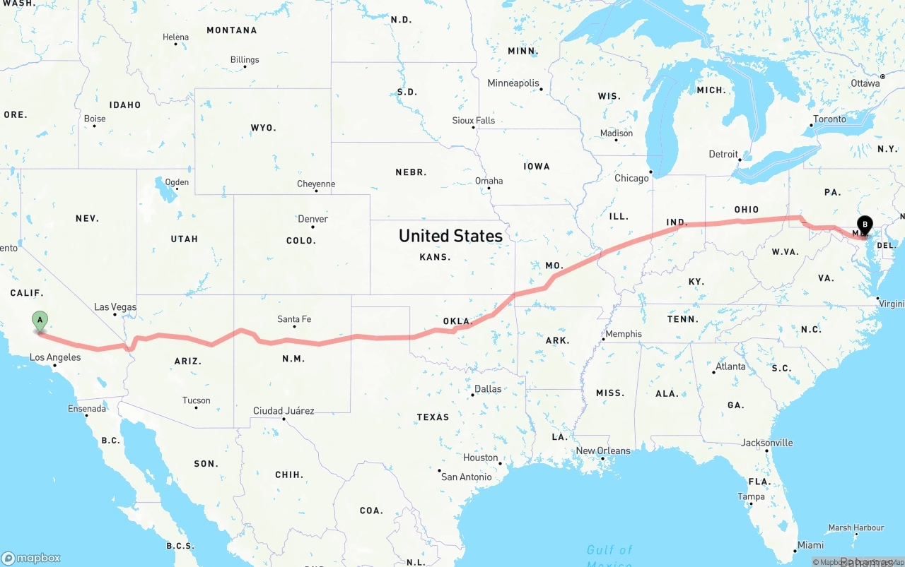 Shipping route from Bakersfield to Baltimore