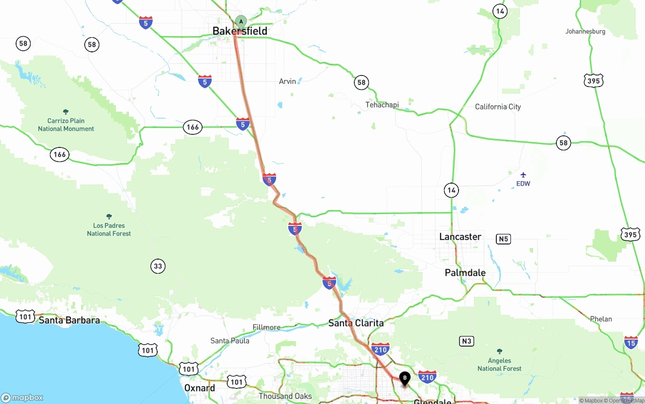 Shipping route from Bakersfield to Bob Hope Airport