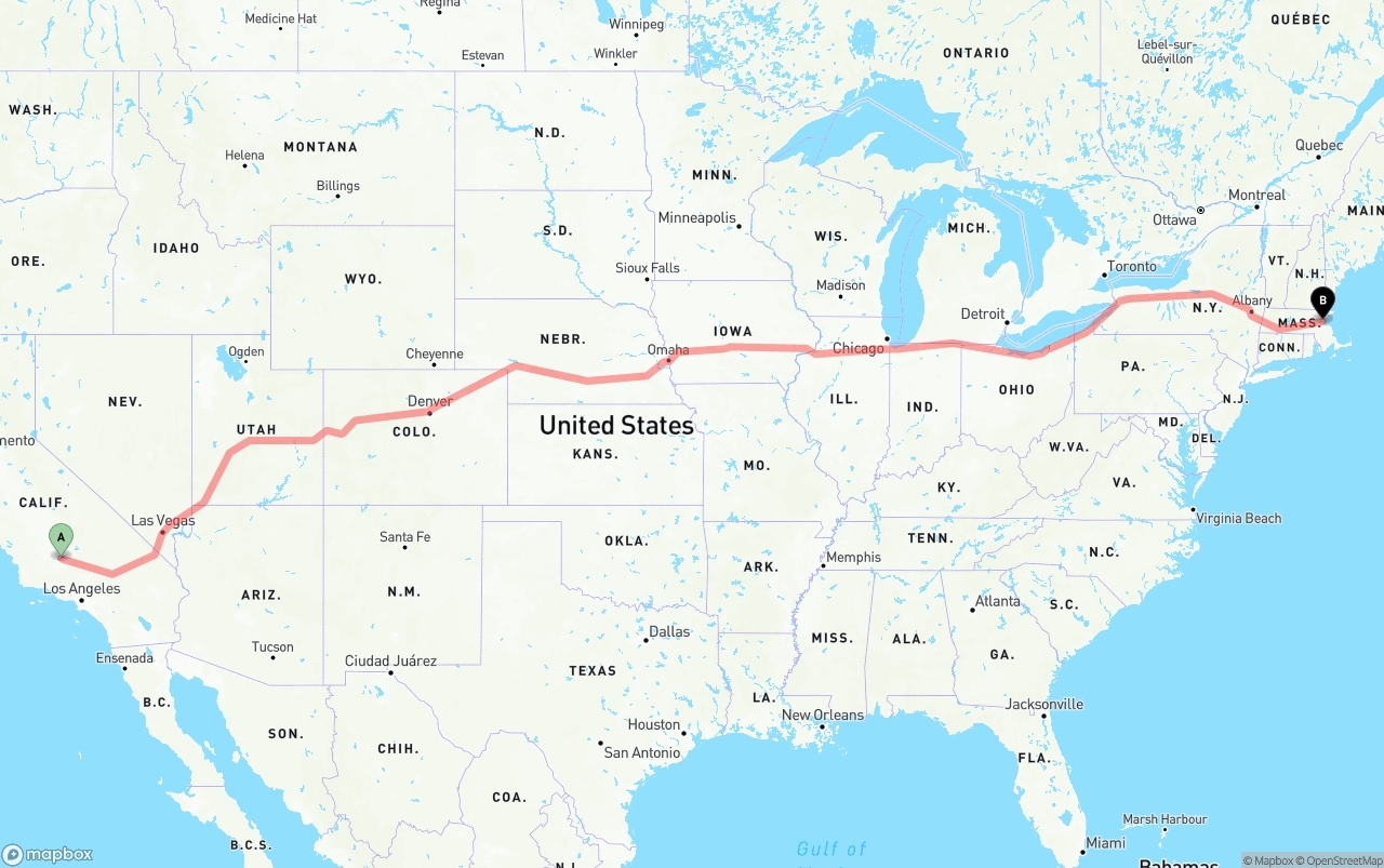 Shipping route from Bakersfield to Boston