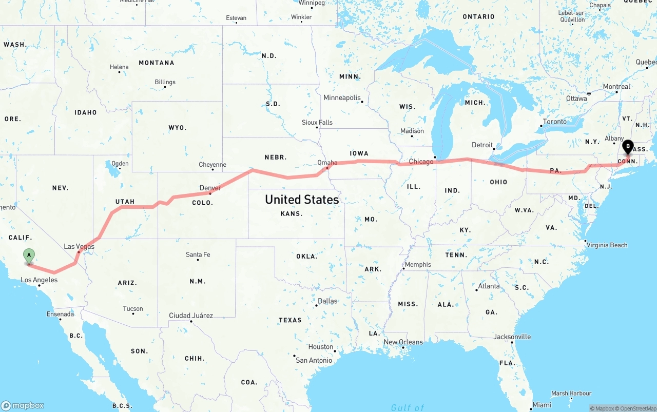 Shipping route from Bakersfield to Bradley International Airport