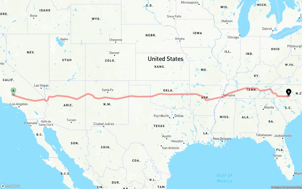 Shipping route from Bakersfield to Charlotte
