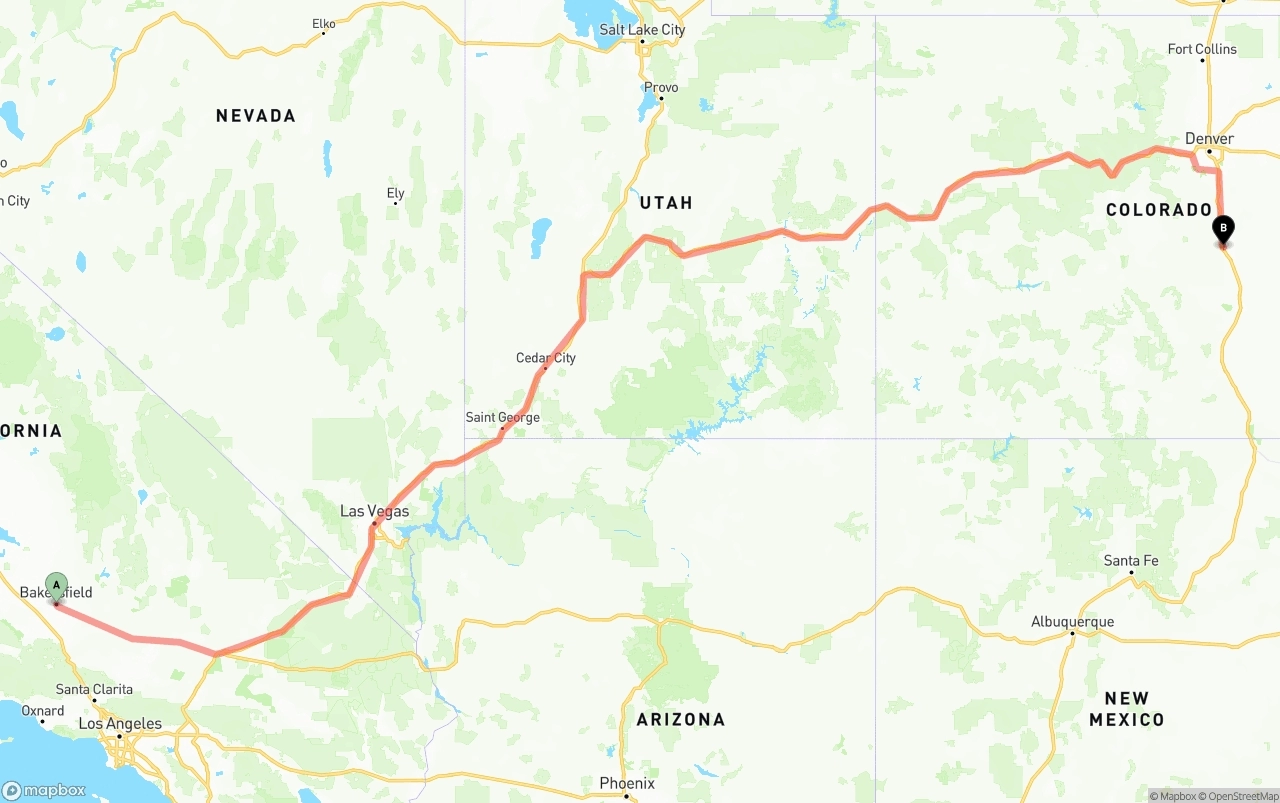 Shipping route from Bakersfield to Colorado Springs