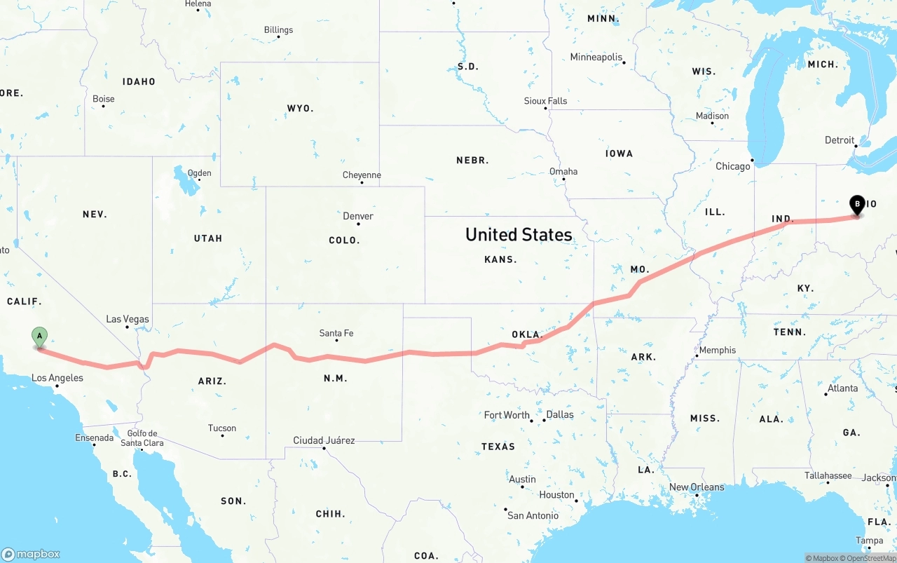 Shipping route from Bakersfield to Columbus