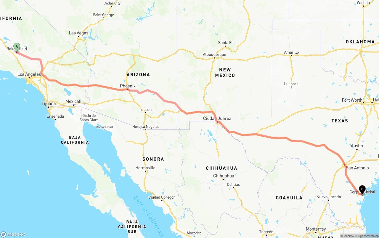 Shipping route from Bakersfield to Corpus Christi