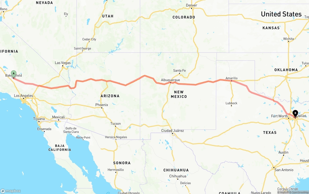 Shipping route from Bakersfield to Dallas