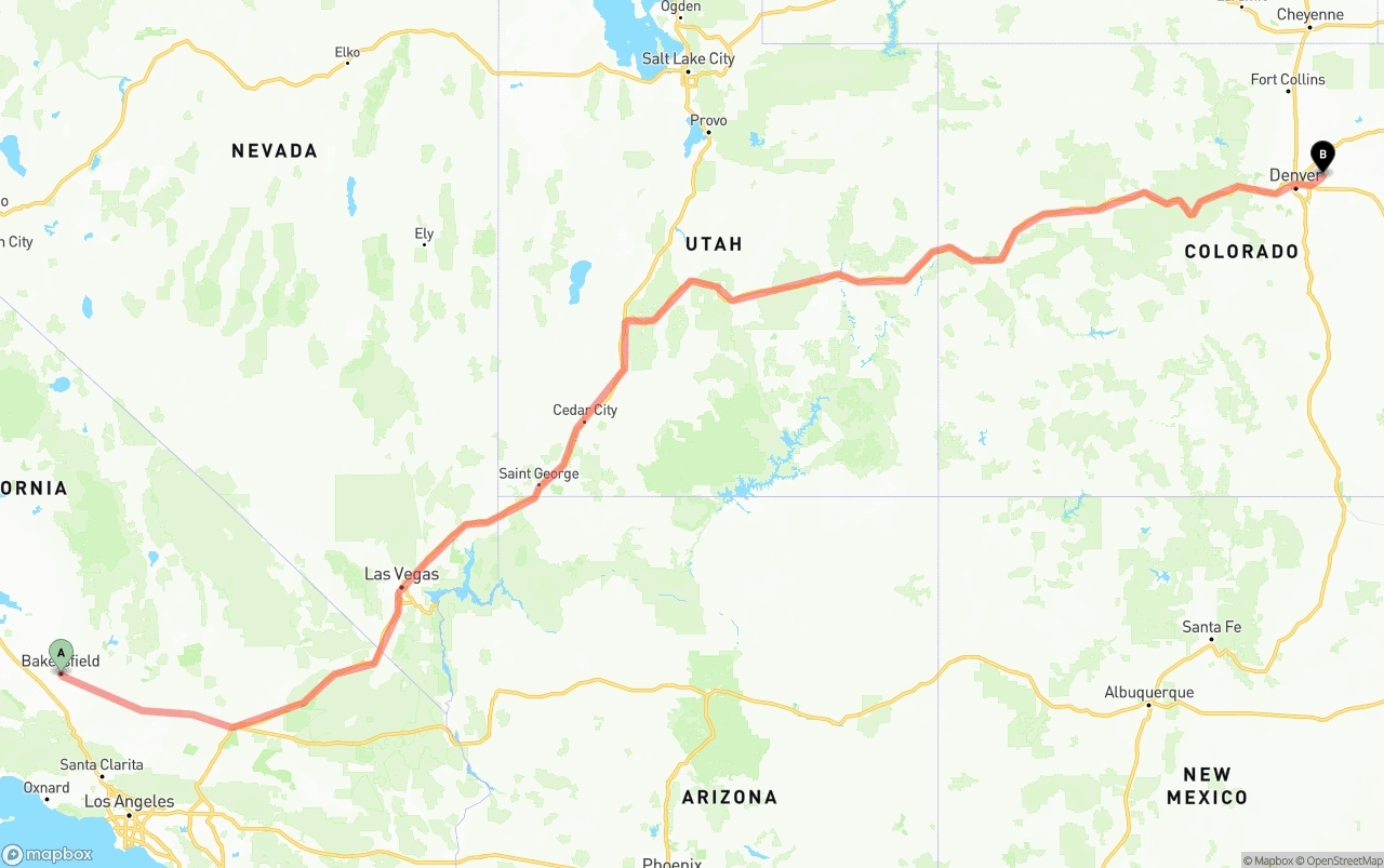Shipping route from Bakersfield to Denver International Airport
