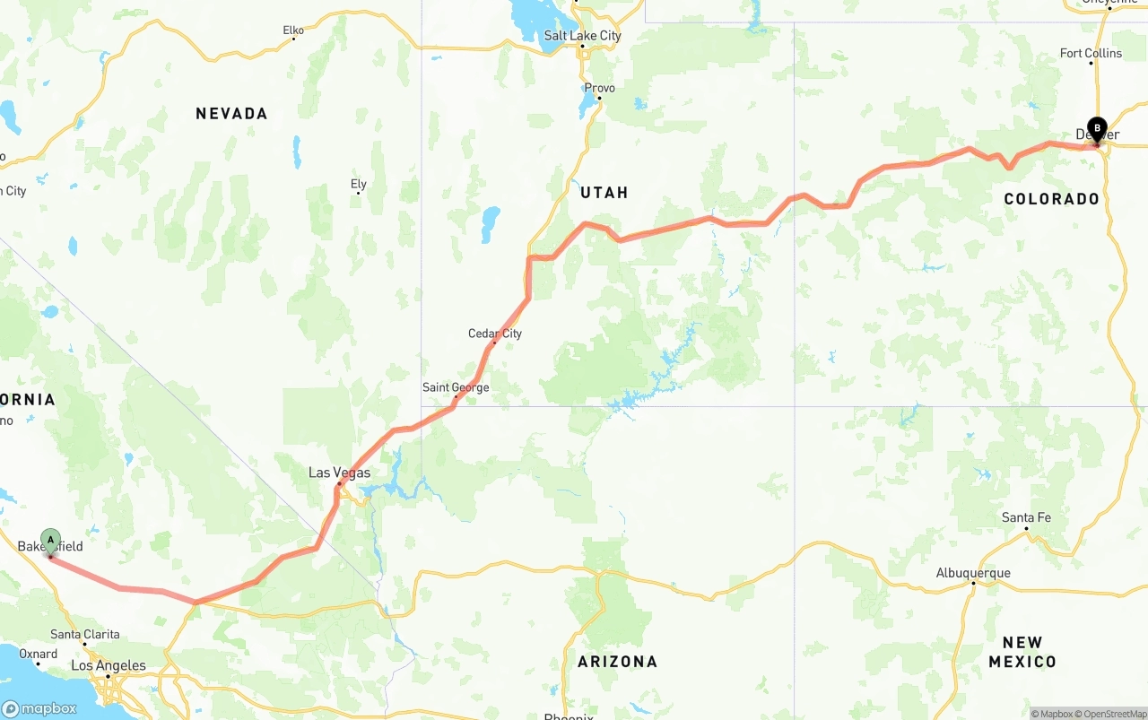 Shipping route from Bakersfield to Denver