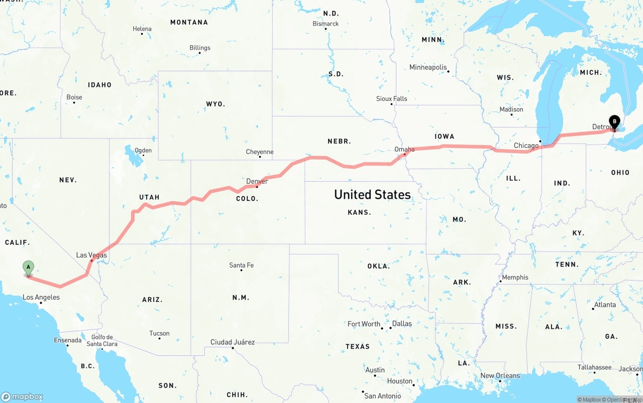 Shipping route from Bakersfield to Detroit