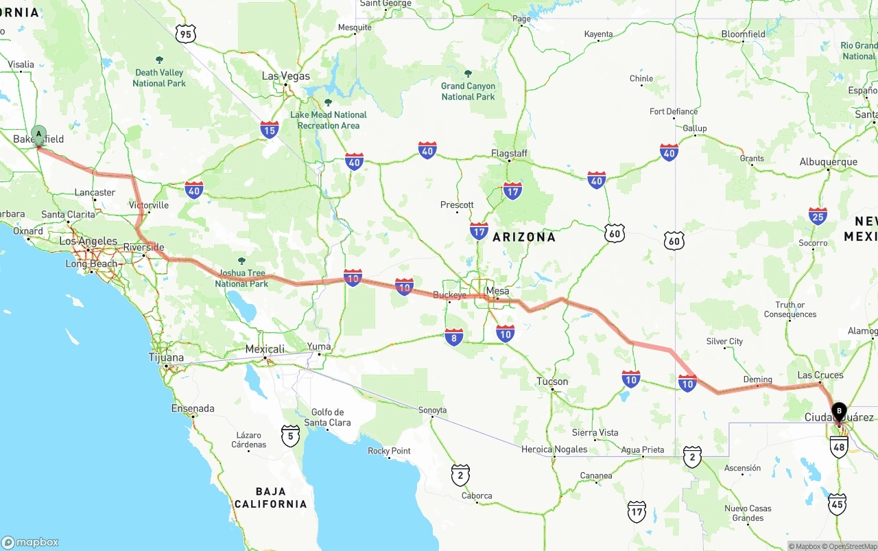Shipping route from Bakersfield to El Paso