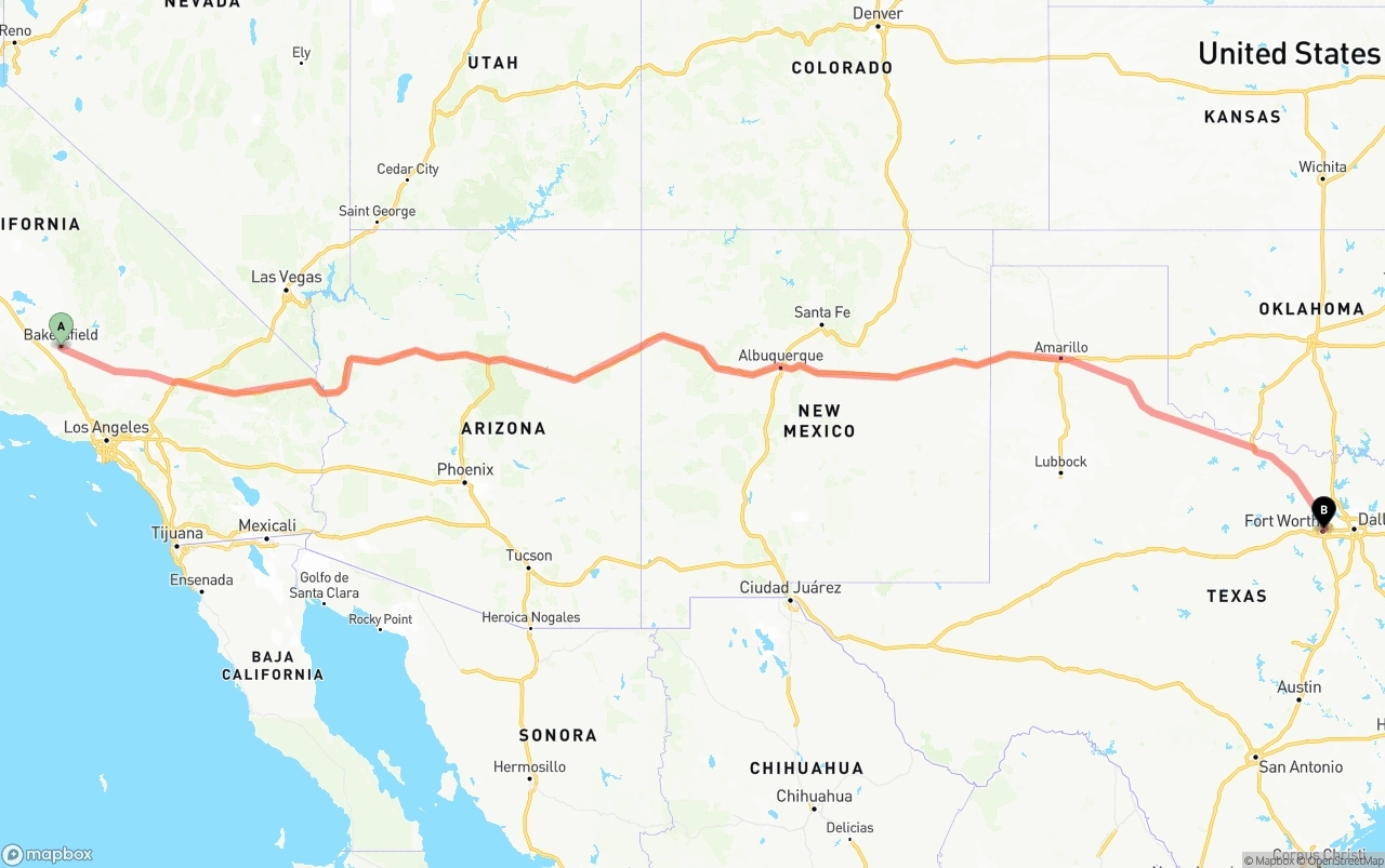 Shipping route from Bakersfield to Fort Worth