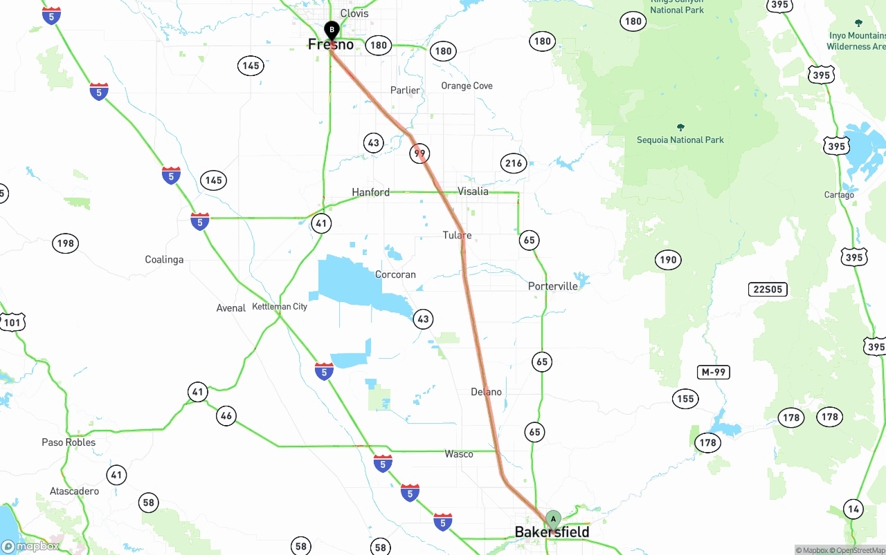 Shipping route from Bakersfield to Fresno
