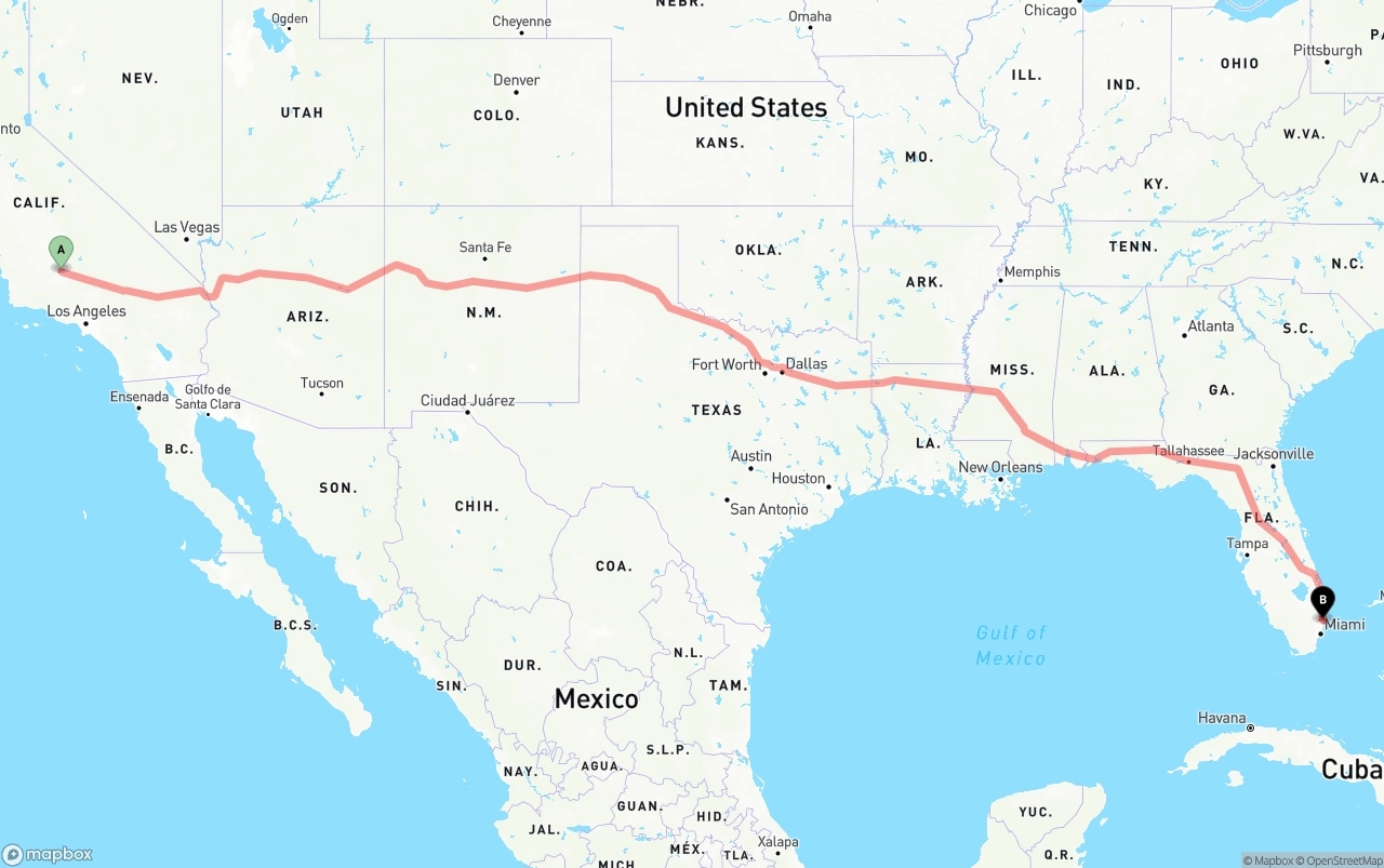 Shipping route from Bakersfield to Ft. Lauderdale