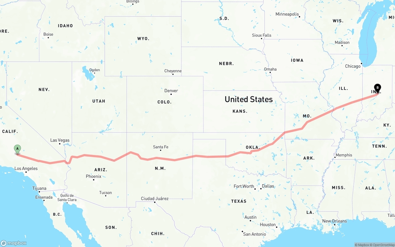 Shipping route from Bakersfield to Indianapolis