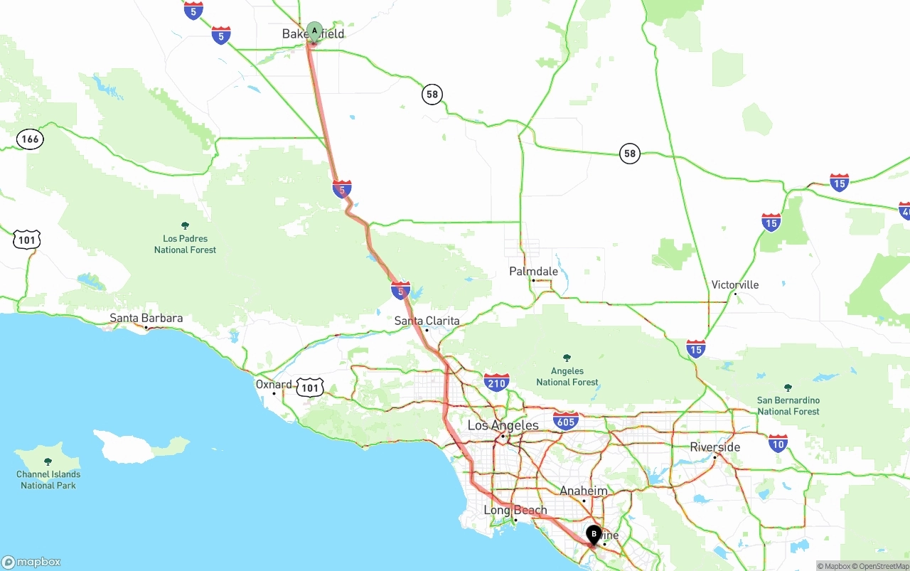 Shipping route from Bakersfield to John Wayne Airport — Orange County
