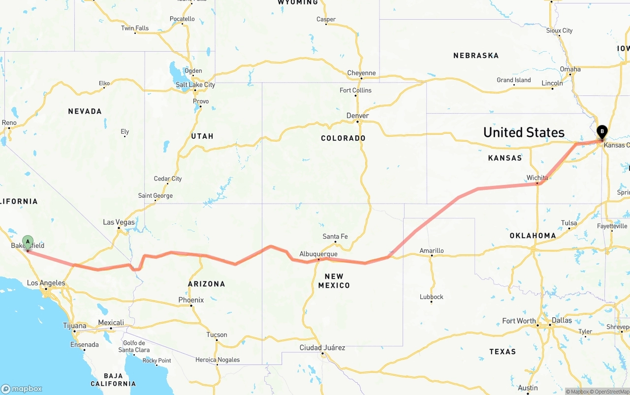 Shipping route from Bakersfield to Kansas City