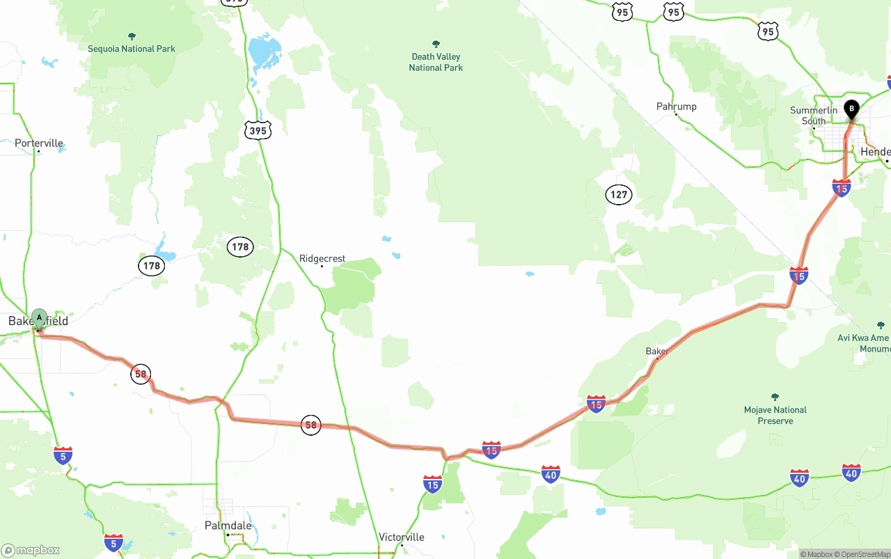 Shipping route from Bakersfield to Las Vegas