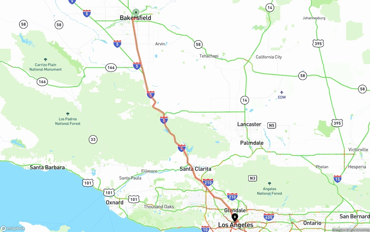 Shipping route from Bakersfield to Los Angeles