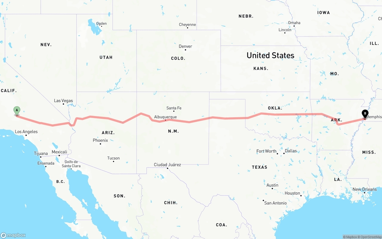 Shipping route from Bakersfield to Memphis