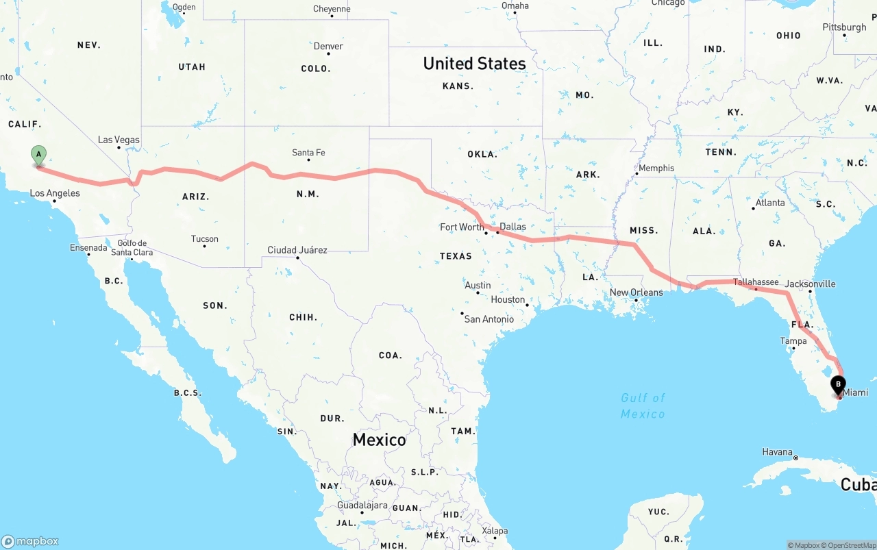 Shipping route from Bakersfield to Miami International Airport
