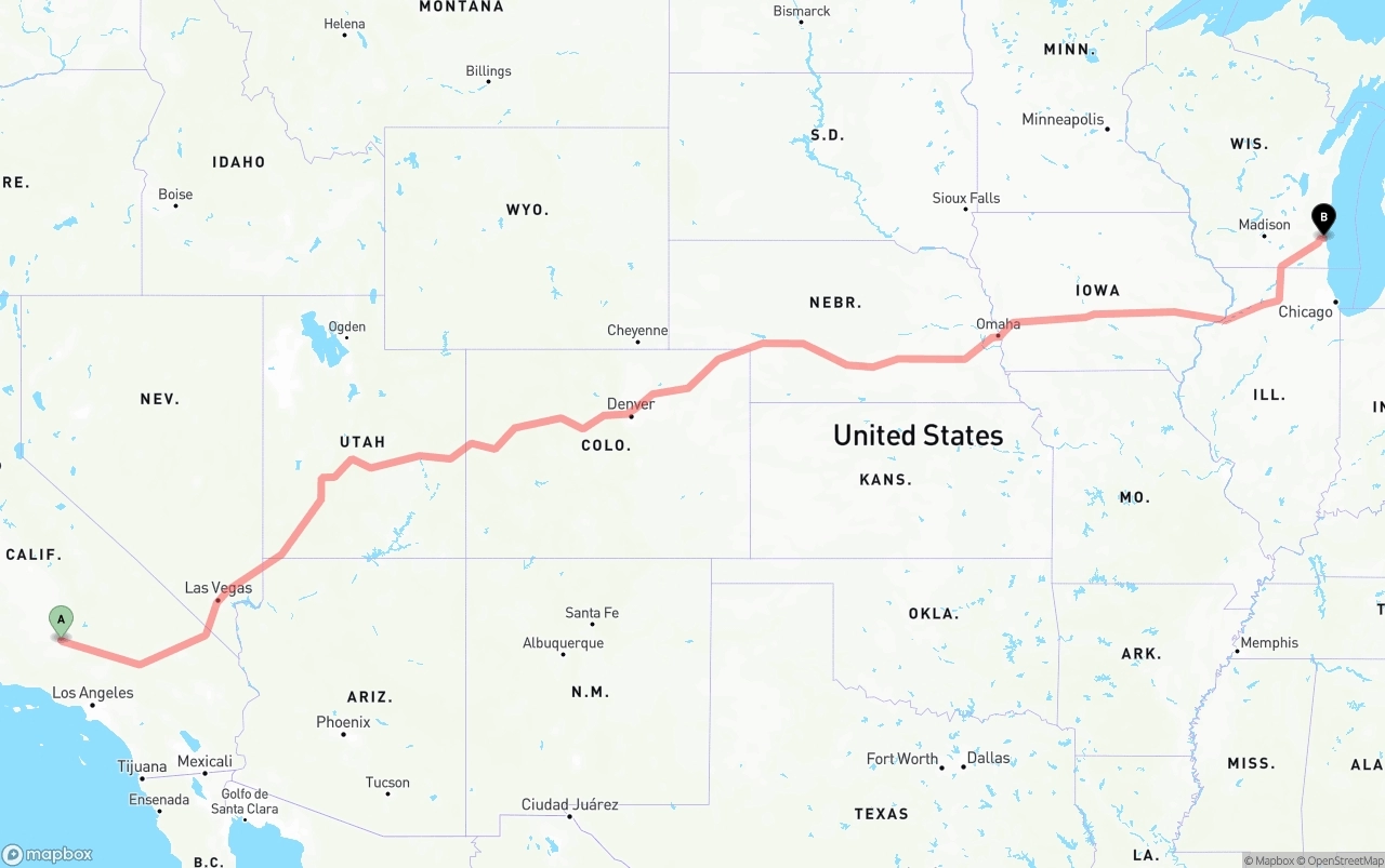 Shipping route from Bakersfield to Milwaukee