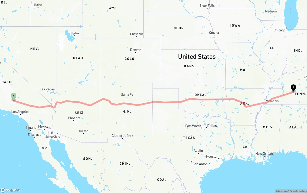 Shipping route from Bakersfield to Nashville