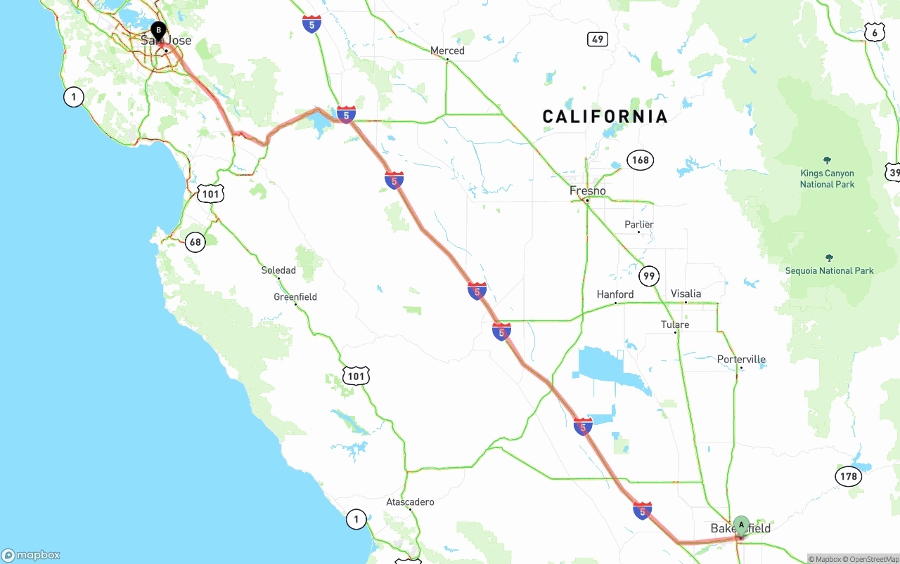 Shipping route from Bakersfield to Norman Y. Mineta San Jose International Airport