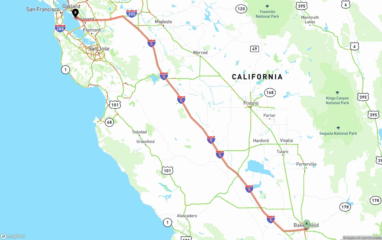 Shipping route from Bakersfield to Oakland International Airport