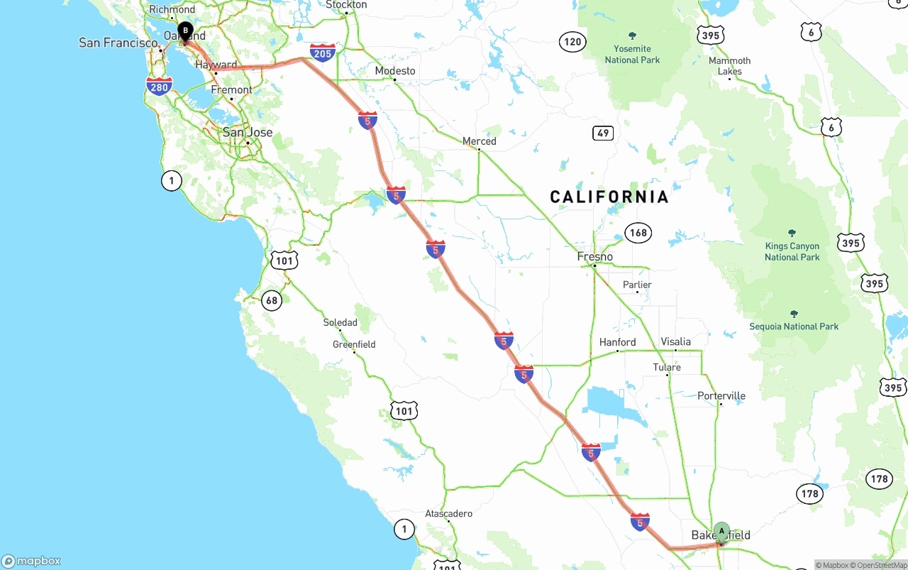 Shipping route from Bakersfield to Oakland