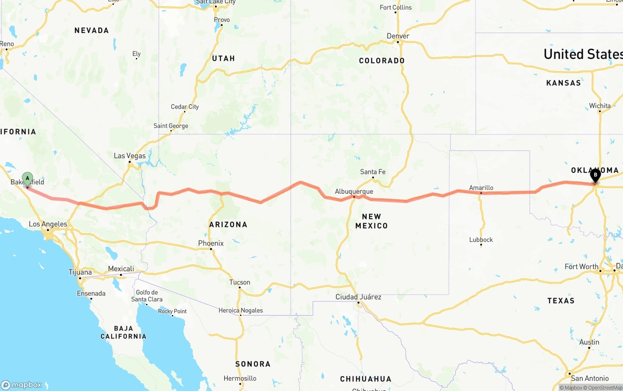 Shipping route from Bakersfield to Oklahoma City