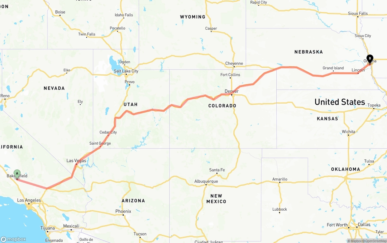 Shipping route from Bakersfield to Omaha